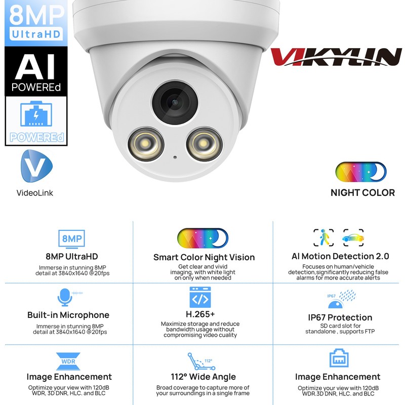 VIKYLIN Turret POE 24h Full Color Ethernet 8MP 4K IP CAMERA MIC Outdoor IP67 Lot gallery