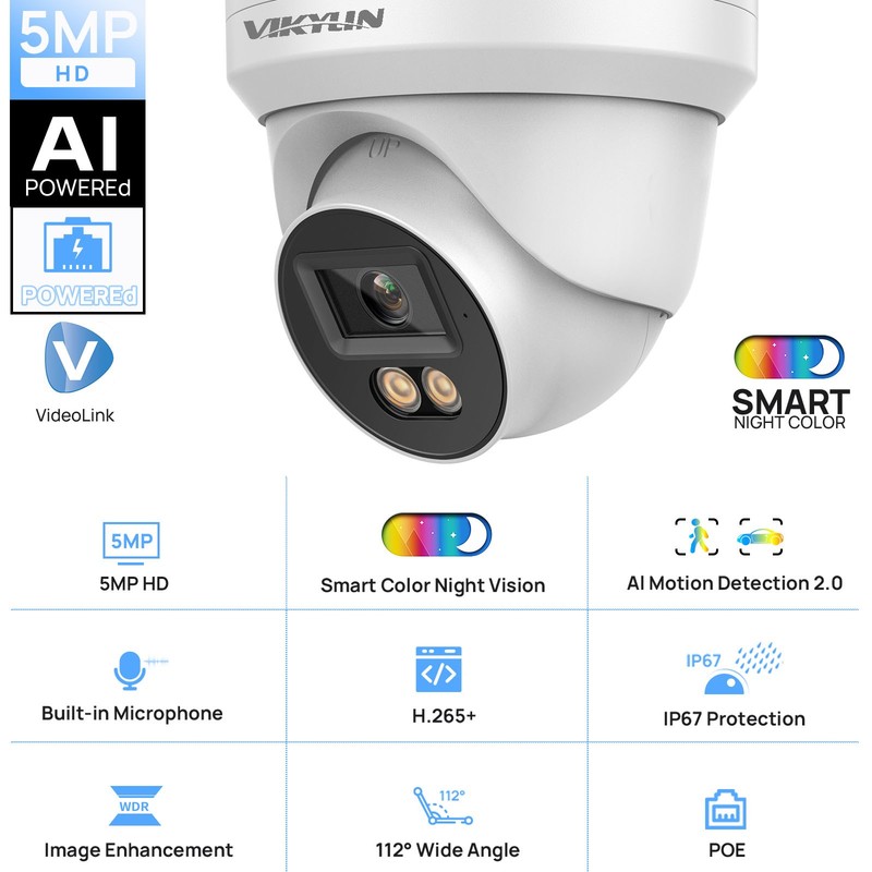 Vikylin 24H Full Color Turret 5MP Ethernet POE IP Camera MIC Onvif Outdoor Lot gallery