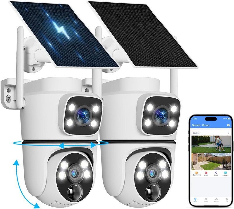 (2026 New) Solar Security Camera Outdoor 2 Pack, 4MP Dual-Lens (Fixed + PTZ), 13