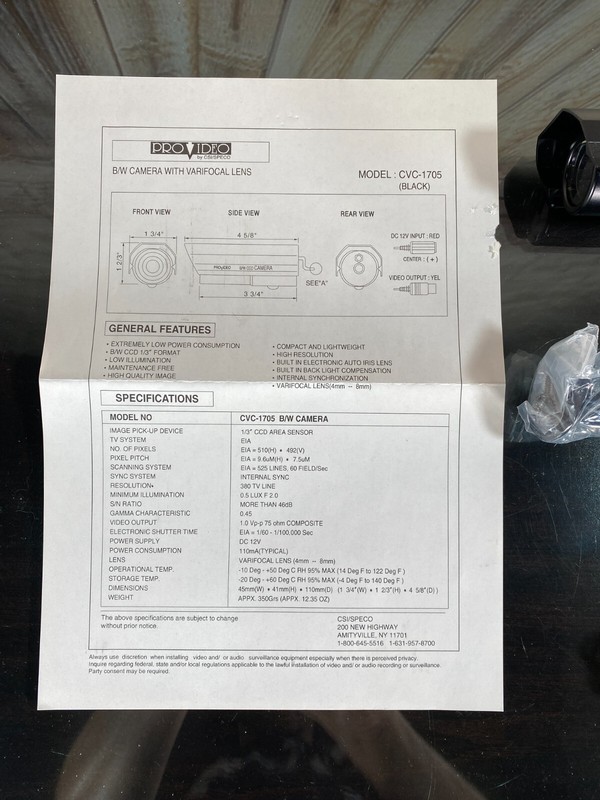 Speco CVC-1705 B/W Weatherproof Varifocal Bullet Camera Indoor/Out 4-9mm Lens gallery