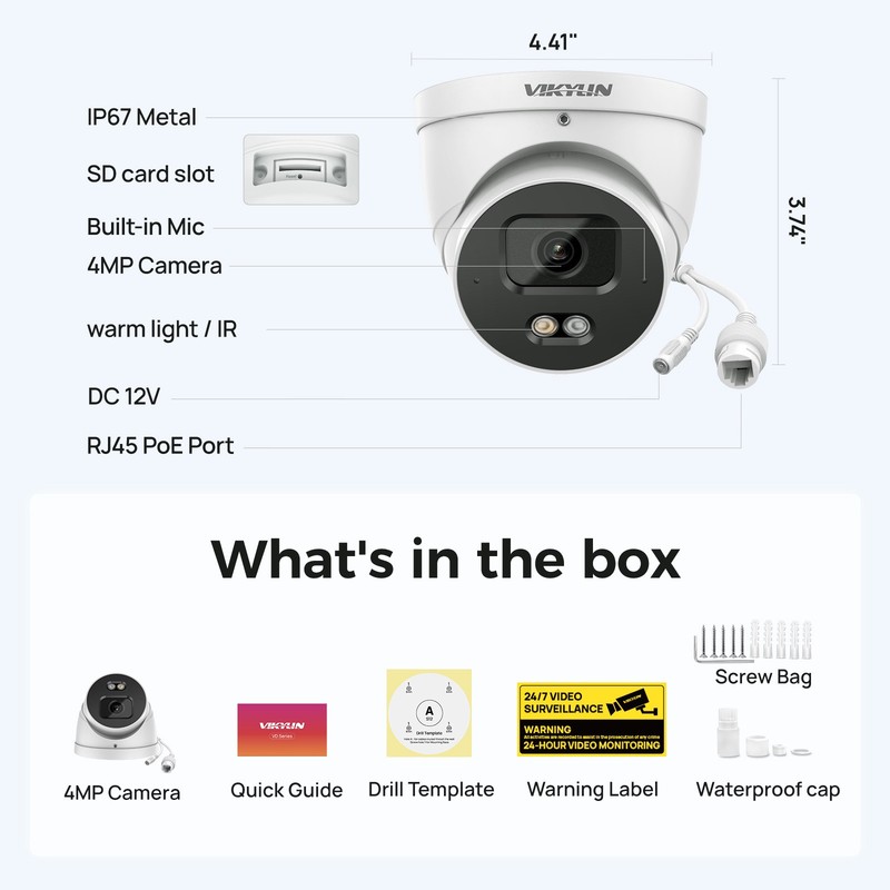 Vikylin 4MP POE Camera Outdoor Dual Light Full Color + IR Audio Onvif Wired Lot gallery
