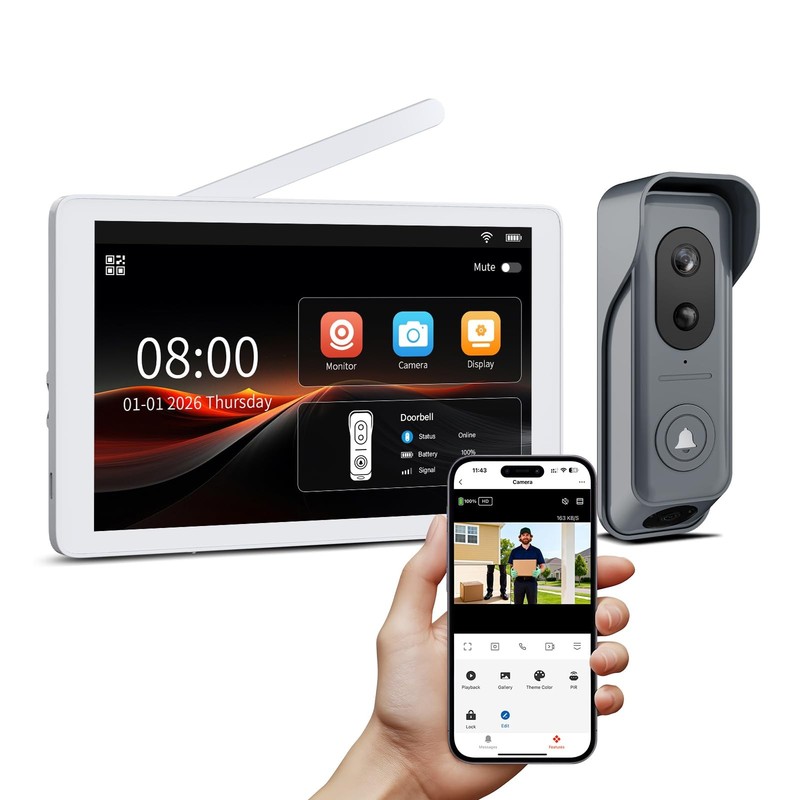 Wireless Dual‑Lens Video Doorbell with 8″ Touchscreen Monitor,WiFi Dual‑Cam D…