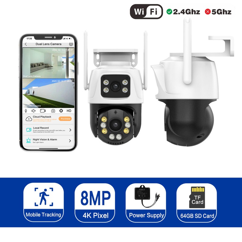 Security Camera 4K 8MP HD Dual Lens Zoon WiFi PTZ Home Outdoor Camera