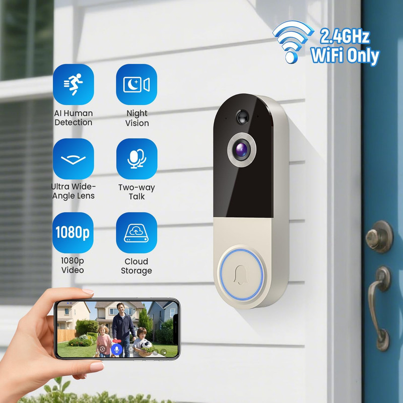 1080P Wireless Doorbell Camera with Receiver, AI Human Detection, 2-Way Audio, N gallery