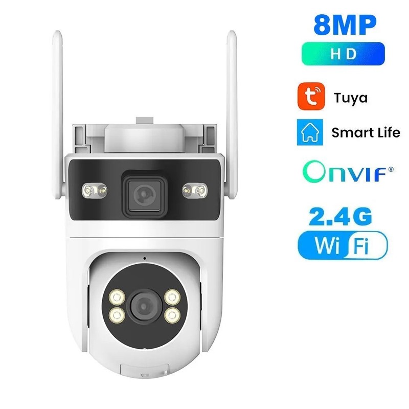 Tuya WiFi Security Camera Outdoor Dual Lens Screens 4K 8MP PTZ Motion Detection