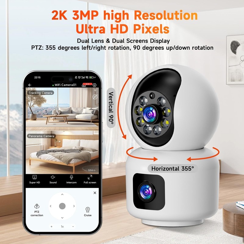 360° Dual Lens Smart 2K HD 2.4GHz WiFi 2-way talk Pet Baby Monitor Camera Night gallery