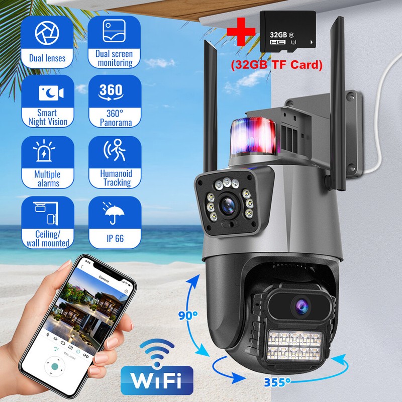 Dual Lens HD 1080P WiFi IP Camera Wireless Outdoor CCTV PTZ Home Security IR Cam