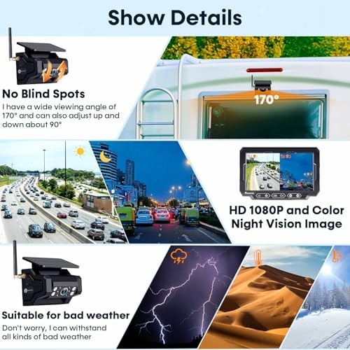 Magnetic Solar Wireless Backup Camera - 7" HD 1080P, Easy Install, Scratch-Proof gallery