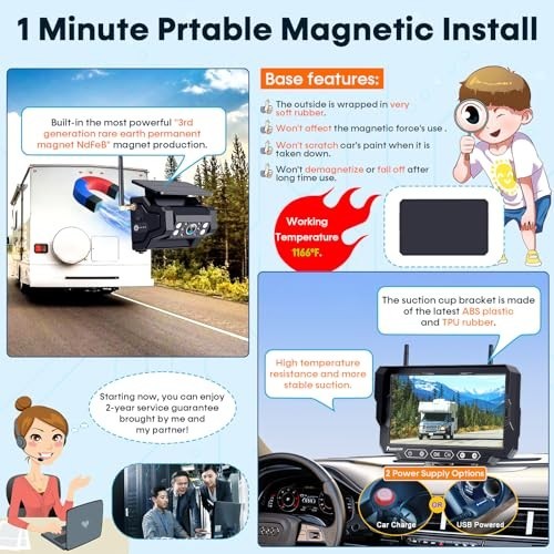 Magnetic Solar Wireless Backup Camera - 7" HD 1080P, Easy Install, Scratch-Proof gallery