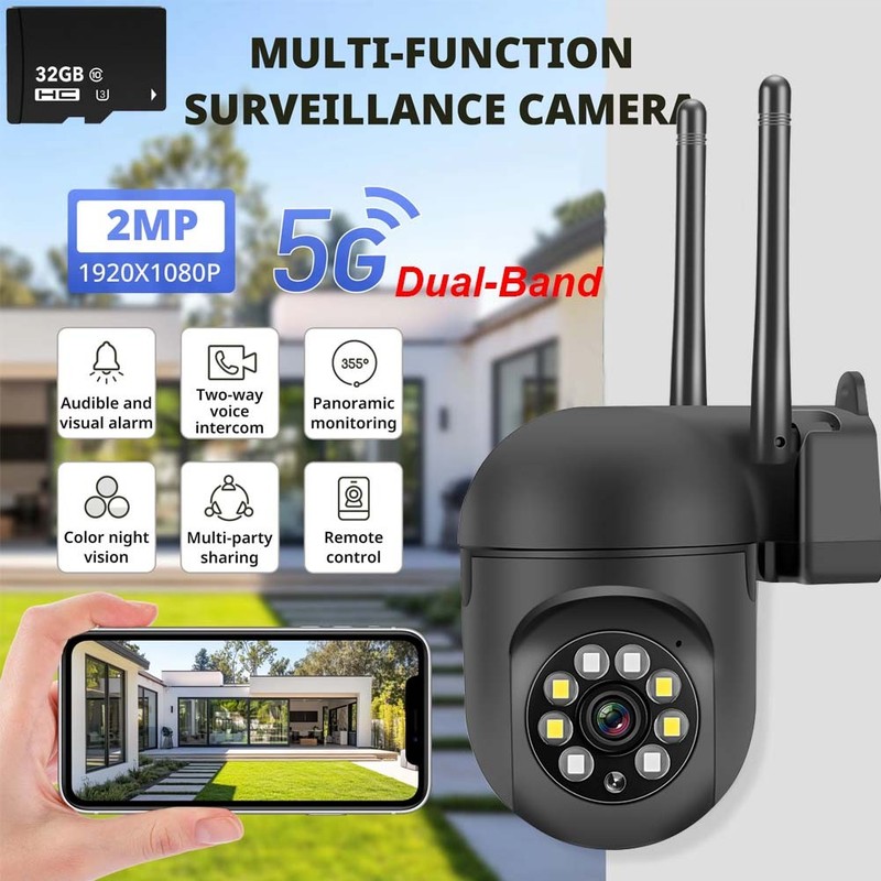 Dual-Band WiFi Outdoor Security Camera 1080P Dual Lens Surveillance w/ 32GB Card