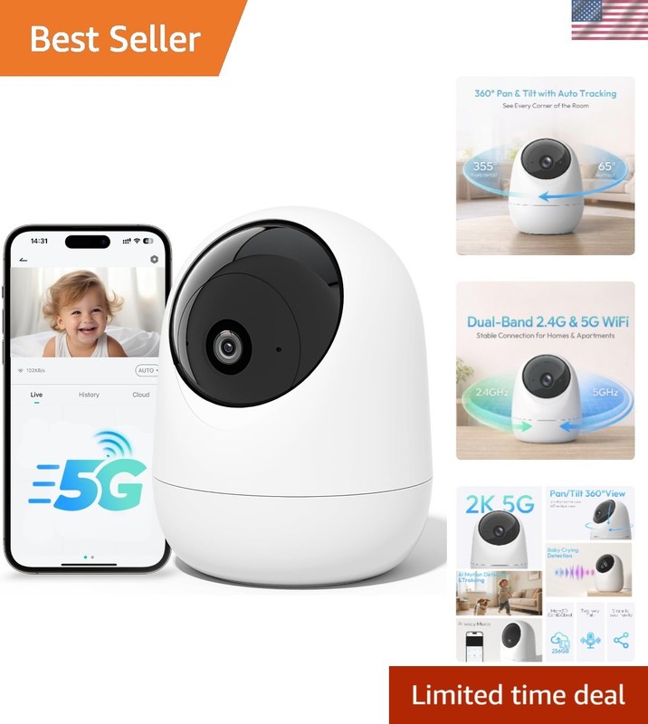 Indoor Camera 5G&2.4G WiFi,2K Security Cameras for Home Security,360°Pan & Ti…