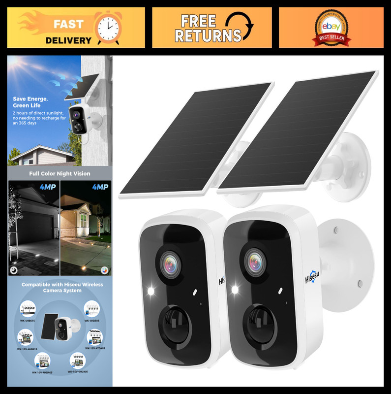 Wireless Solar Security Cameras 2-Pack, 3K 4MP Outdoor Surveillance, PIR/AI Moti