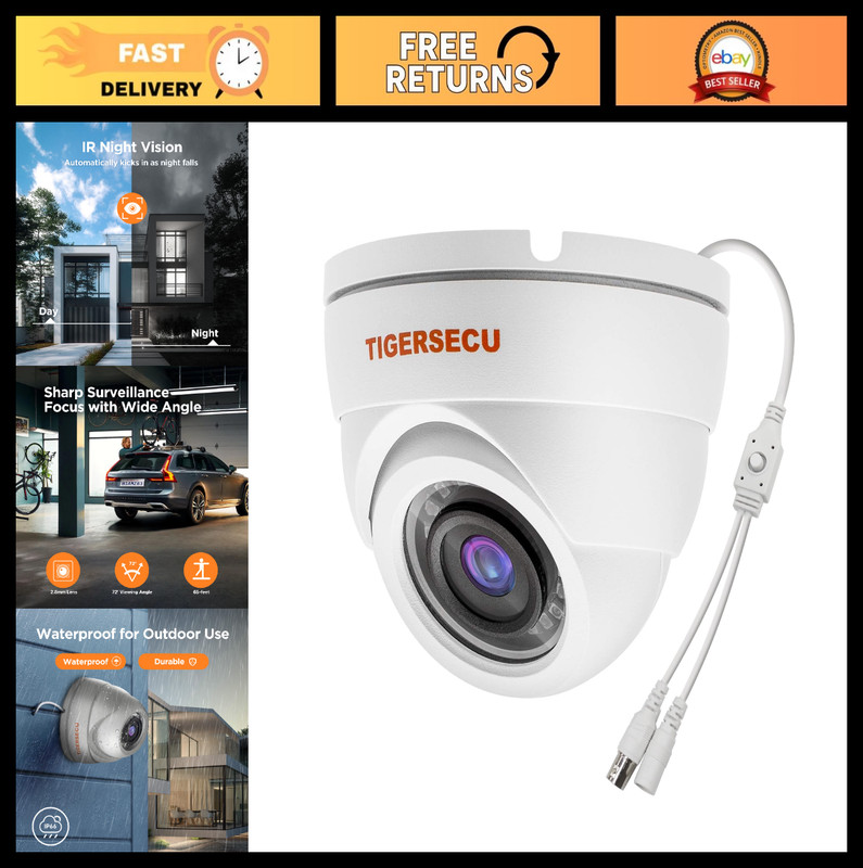 1080P Metal Wide Angle Dome Security Camera – Weatherproof Indoor/Outdoor, 4-in-