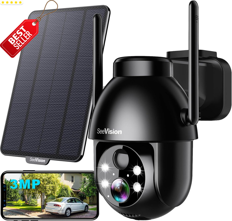 Solar Security Camera Wireless Outdoor 2K PTZ WiFi 3MP Night Vision – US