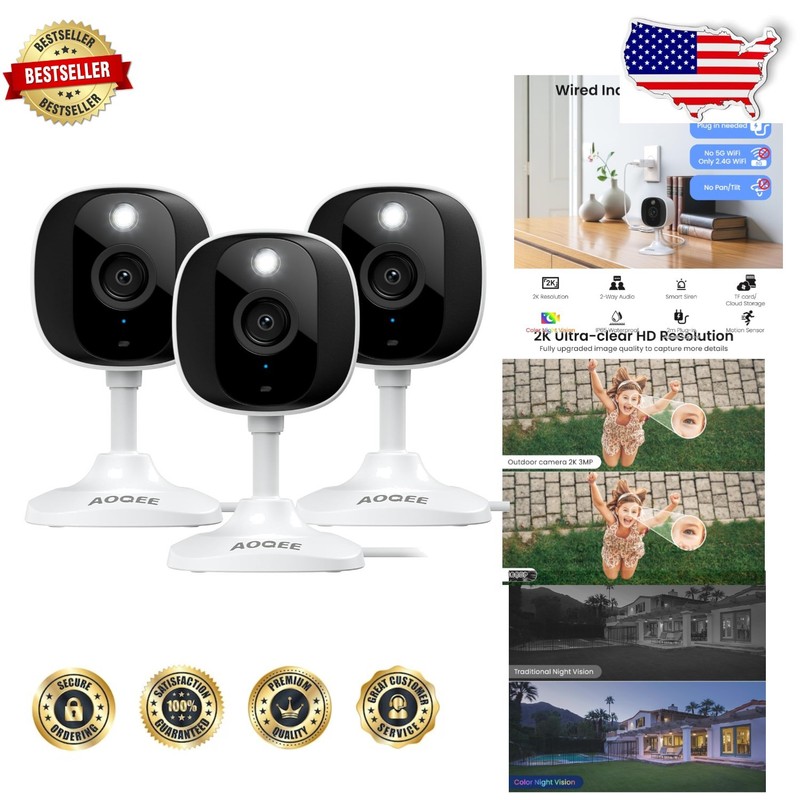 Smart 2K Home Security Cameras 3 Pack Alexa Waterproof 2-Way Audio