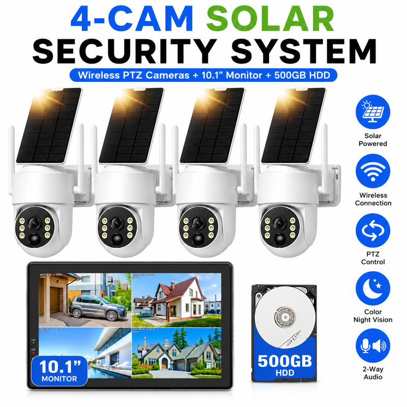 10CH 10″ Monitor Home Security System Solar Powered 4MP PTZ Camera Night Vision