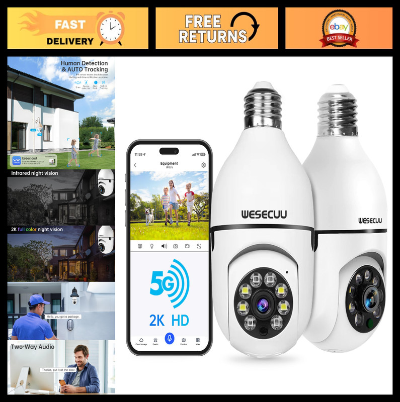 Wireless Light Bulb Security Camera – 2K HD, WiFi, Motion Detection, Night Visio