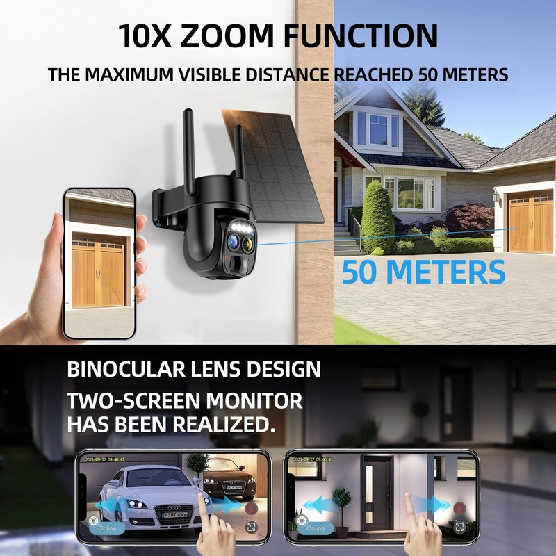 Hawkray Pannel Solar Wireless Outdoor Security Camera， Dual-Lens, 10xZoom, 2K... gallery