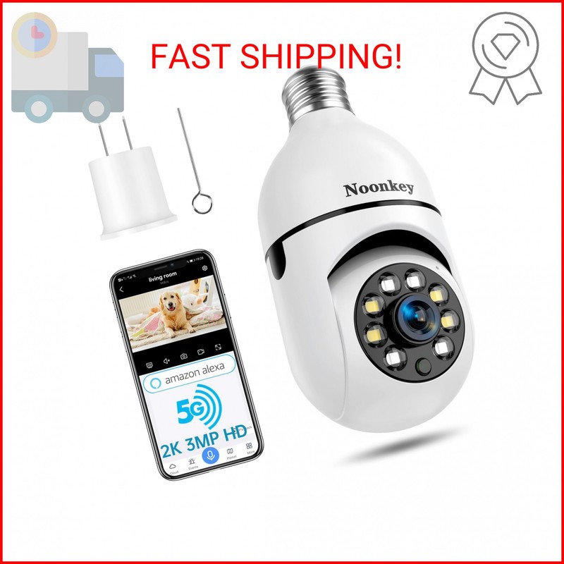 Noonkey 2K/3MP Light Bulb Security Camera, 5G& 2.4GHz WiFi Alexa E27 360° Light