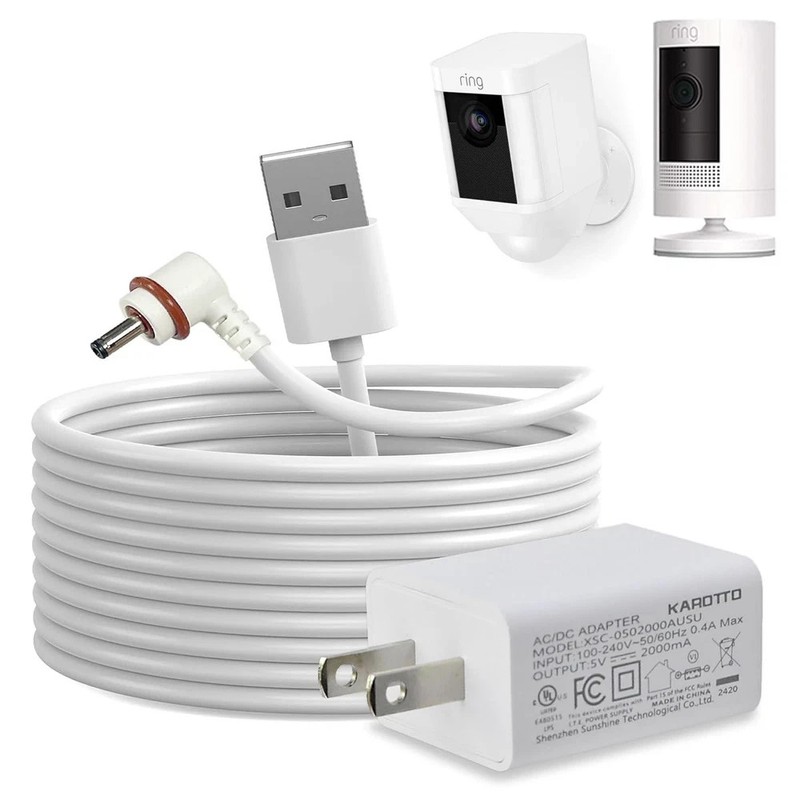 10Ft Power Cord with Adapter for Ring Stick Up Cam Battery 3rd 1PACK, White