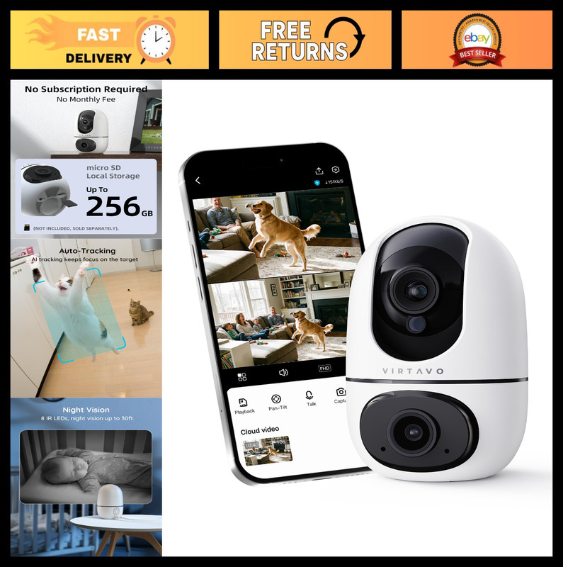Indoor Pet Camera 360° PTZ, Dual Lens, Auto Motion Tracking, 2-Way Audio, Night