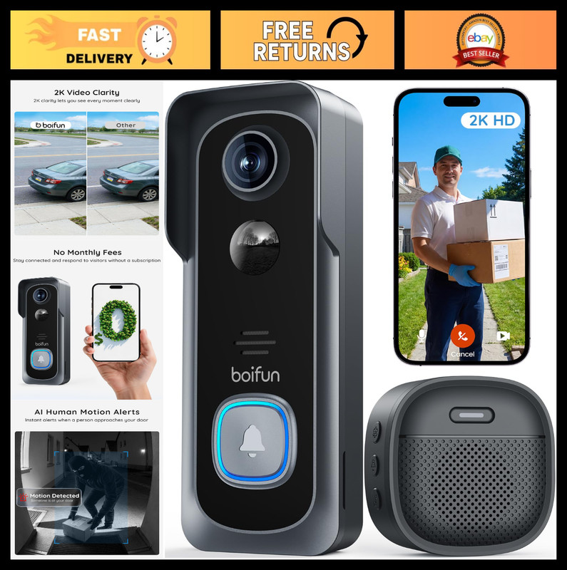 Wireless Video Doorbell Camera – 2K HD, 166° Wide Angle, Night Vision, Motion Al