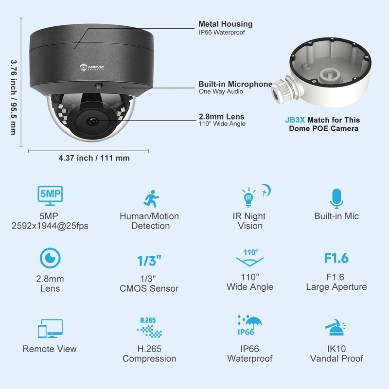 Anpviz 5MP Outdoor Vandal Dome POE IP Camera, Built-in Audio, Night Vision, IP66 gallery