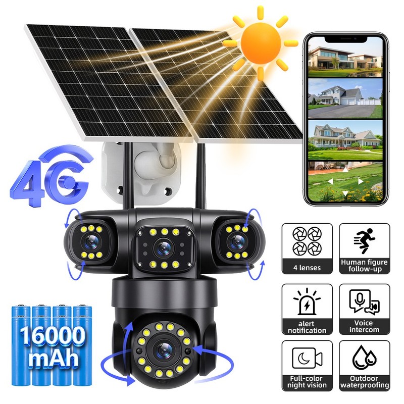 4G SIM 16MP 4 Lens Solar Battery Powered Home Security Camera Outdoor CCTV PTZ gallery