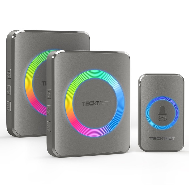 TECKNET Wireless Doorbell with 2 Plug-In 1 button & 2 plug-in receivers, Grey