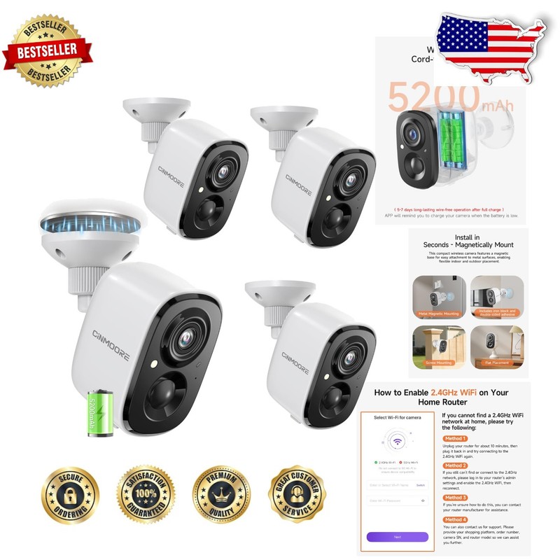 Wireless Home Security Cameras 4pk – 2.5K, Siren Alarm, Color Night Vision