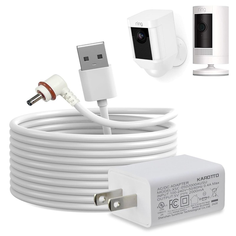 10Ft Power Cord with Adapter for Ring Stick Up Cam Battery 3rd 1PACK, White