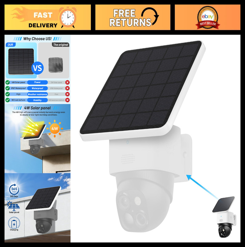 4W Solar Panel for Security Cameras, IP65 Weatherproof, Replace 2W Panel, Contin