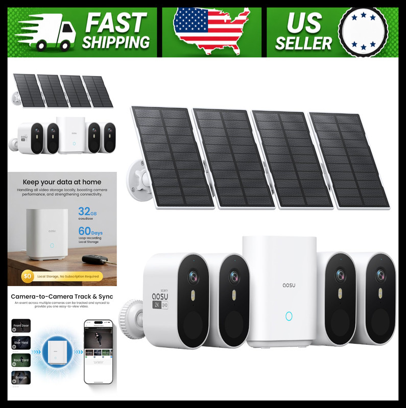 Aosu Wireless Outdoor Solar Security Camera 4-Cam Kit 2K QHD Color Night Vision