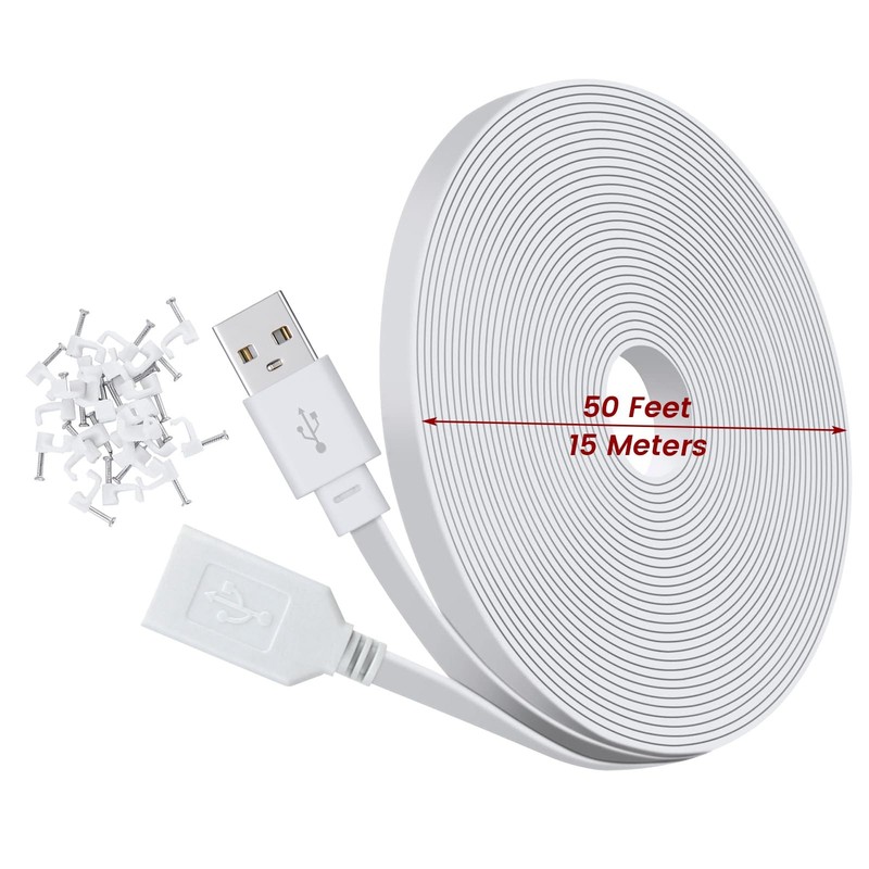 50 ft Cable For Wyze Cam v4 Security Cameras USB Flat Charging Cord White gallery