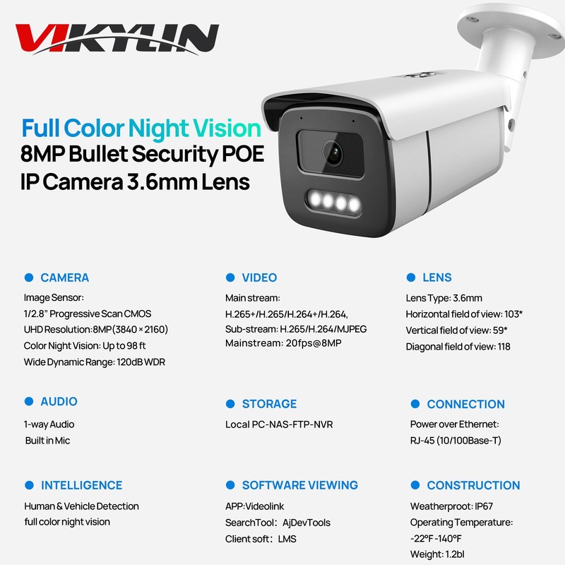 Vikylin 24H Full Color Bullet POE 8MP 4K Security IP Camera Mic ONVIF Outdoor US gallery