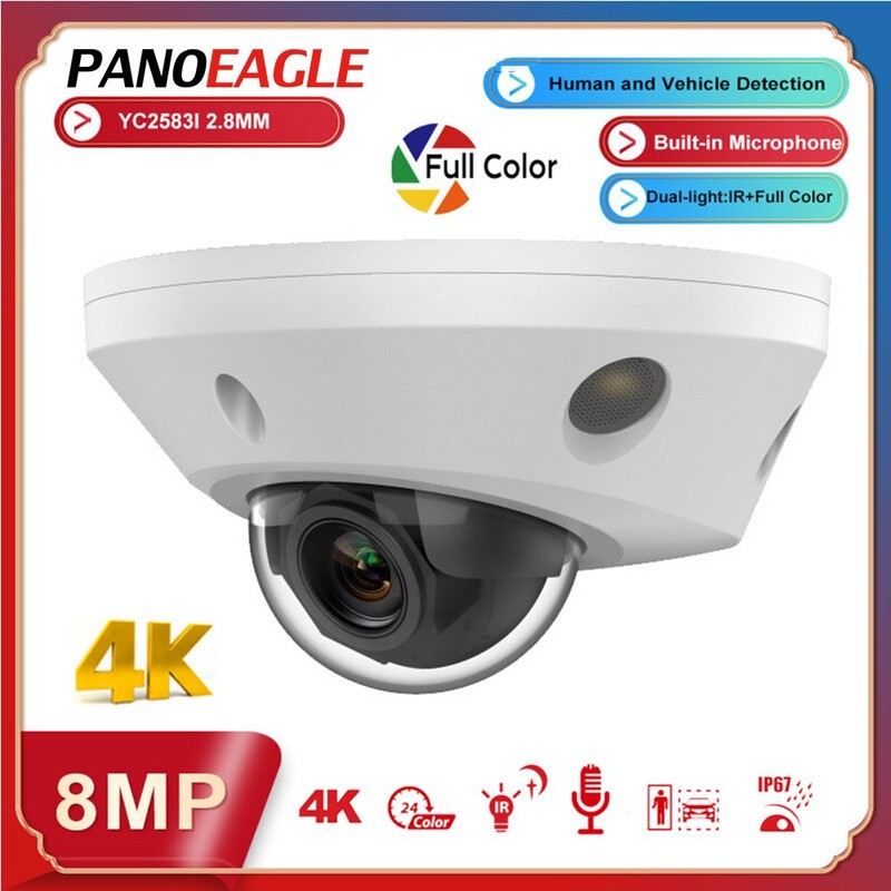 Panoeagle 4K 8MP Mini Dome Security IP Camera Dual Light Full Color+IR MIC POE