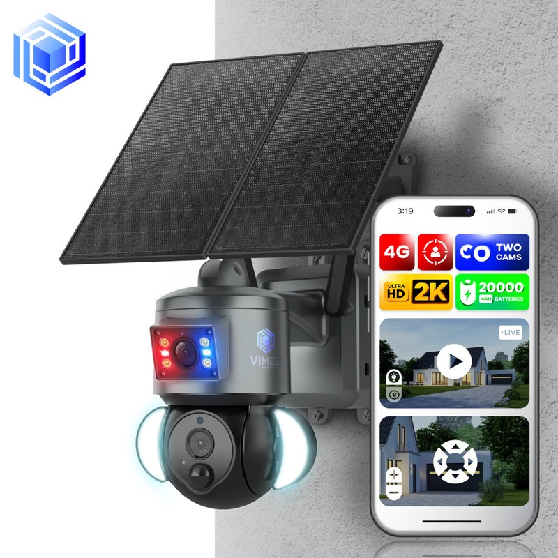 Outdoor Security Camera 4G Solar 2 Cams 2K 360 Human Tracking 24/7 Recording