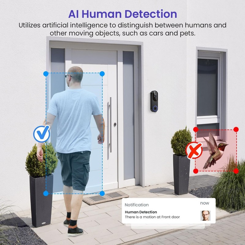 1080p Smart Wi-Fi Doorbell Camera with Doorbell Receiver, AI Motion Detection... gallery