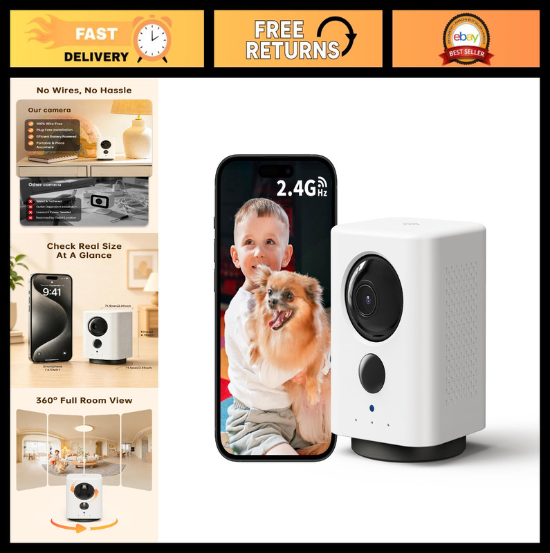 Wireless Indoor Camera – Battery Powered Pet/Dog Monitor, 360° Pan/Tilt, 2K Vide
