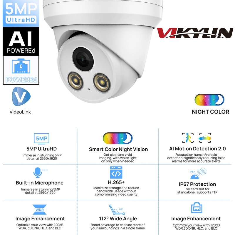 Vikylin Turret 7/24 recording Color 5MP POE CAMERA MIC Outdoor Black/White Onvif gallery