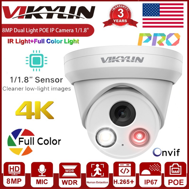 Vikylin 8MP 4K PoE IP Camera 1/1.8″ Sensor Pro Series Full Color+IR Audio Metal
