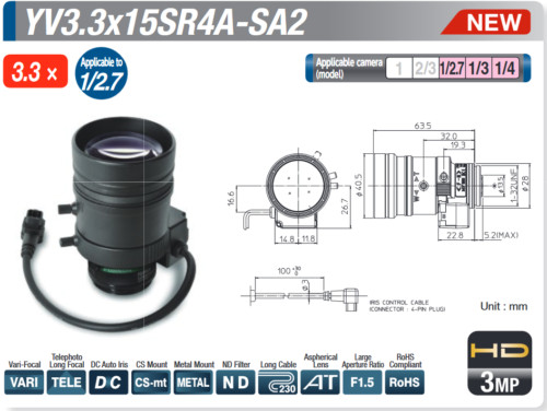 Fujinon YV3.3X15SR4A-SA2L F1.5/15-50mm Varifocal CS-Mount Lens 3MP Day/Night