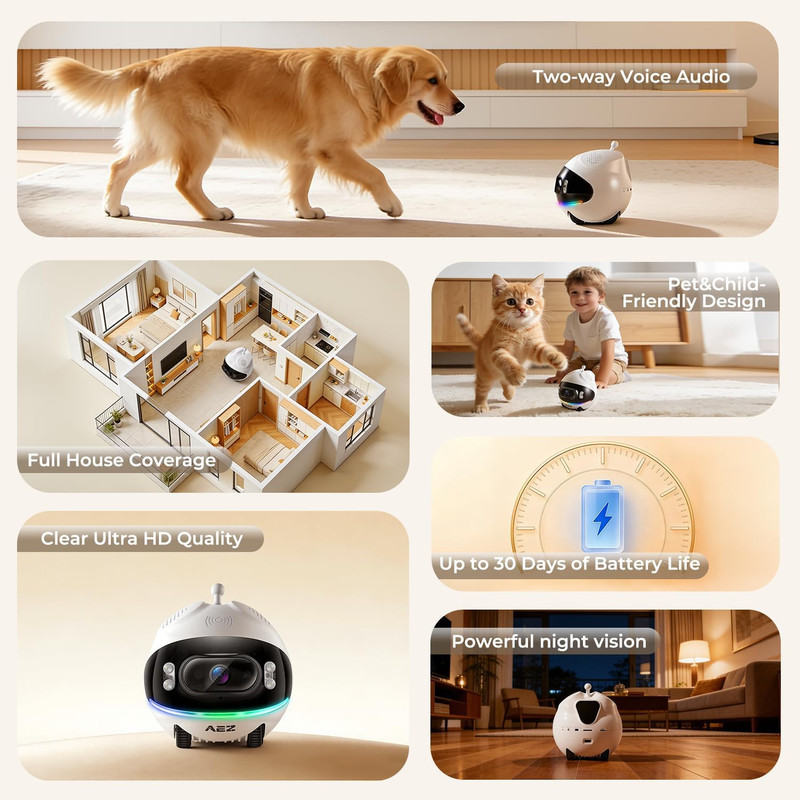 Robot Camera on Wheels 1080P Dual Lens,Indoor Movable Security Camera with 2-Way gallery