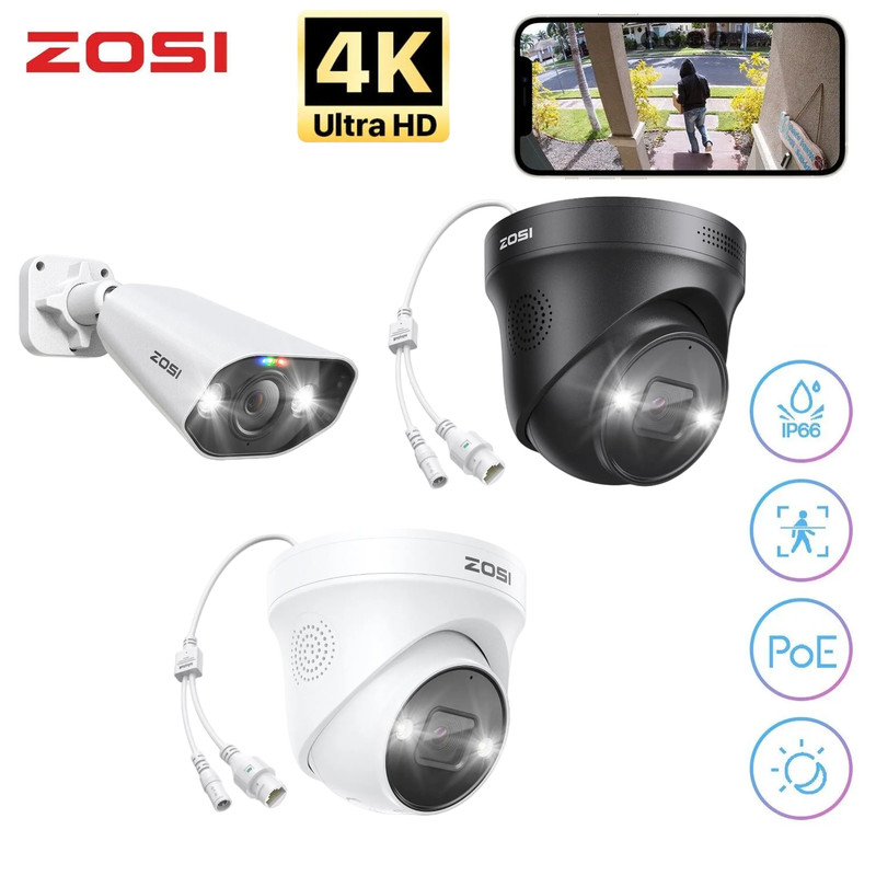 ZOSI 8MP PoE Security CCTV IP Camera Waterproof AI Detection 2-Way Talk Add-on