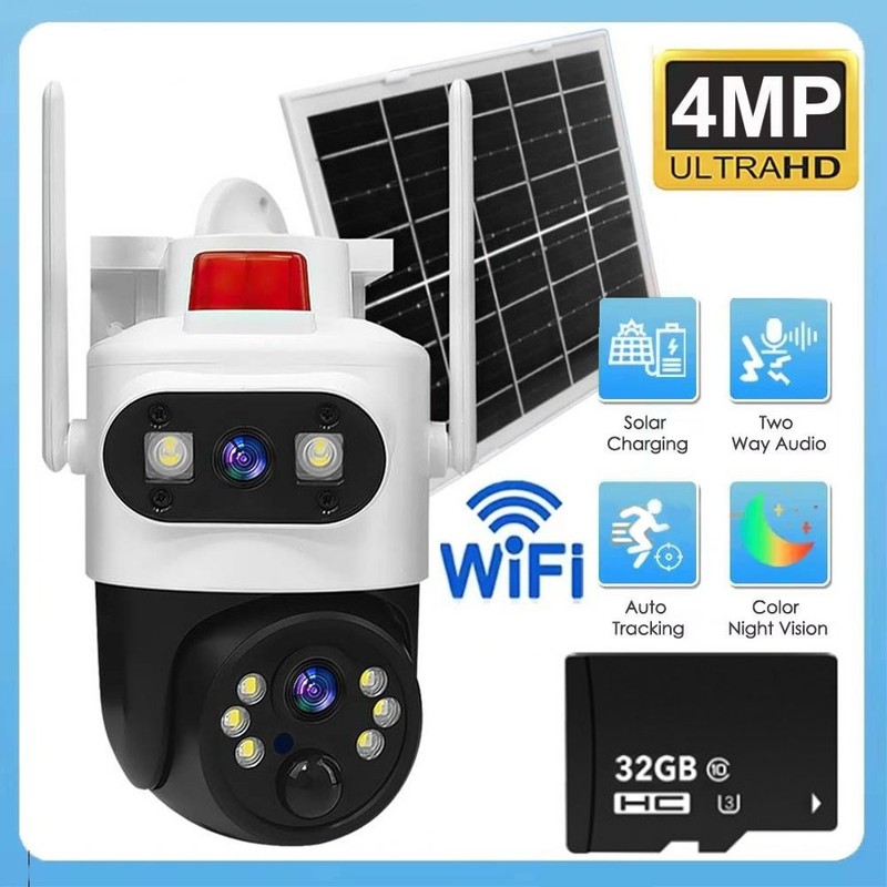 Dual-Lens Solar Security Cameras Wireless Outdoor WiFi PIR Sensor Surveillance