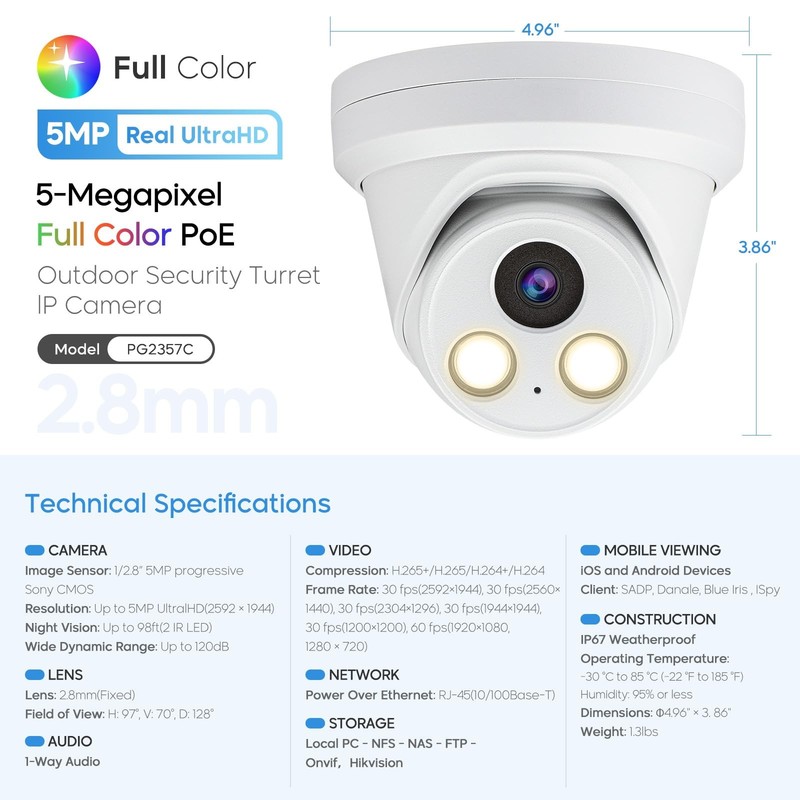 5MP Full Color PoE IP , 2.8mm Lens 118° Wide Angle, F1.0 Aperture, 98.4ft Ful... gallery