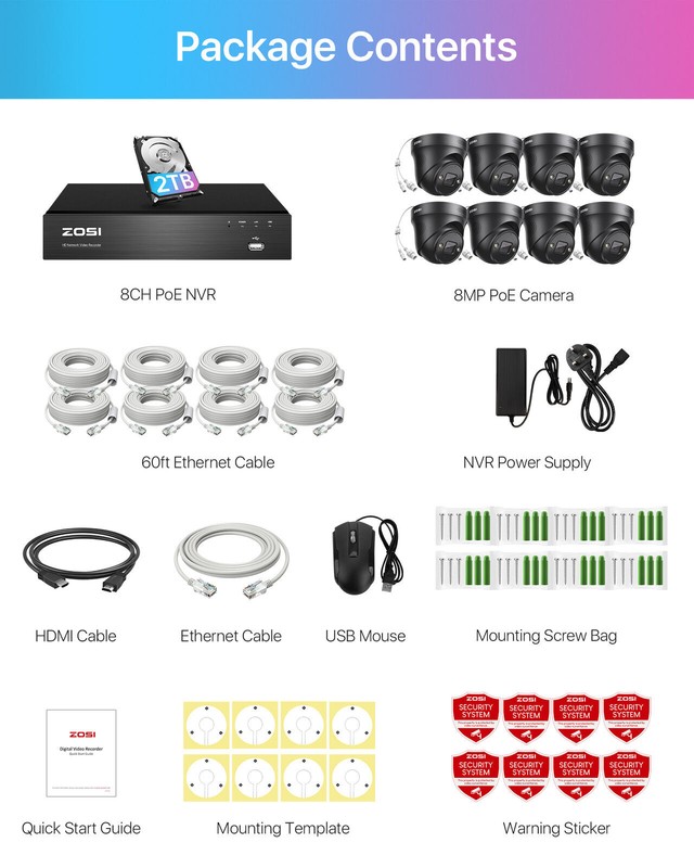ZOSI 4K 8CH NVR PoE Dome Camera System Weatherproof Outdoor Two-Way Audio 2TB gallery