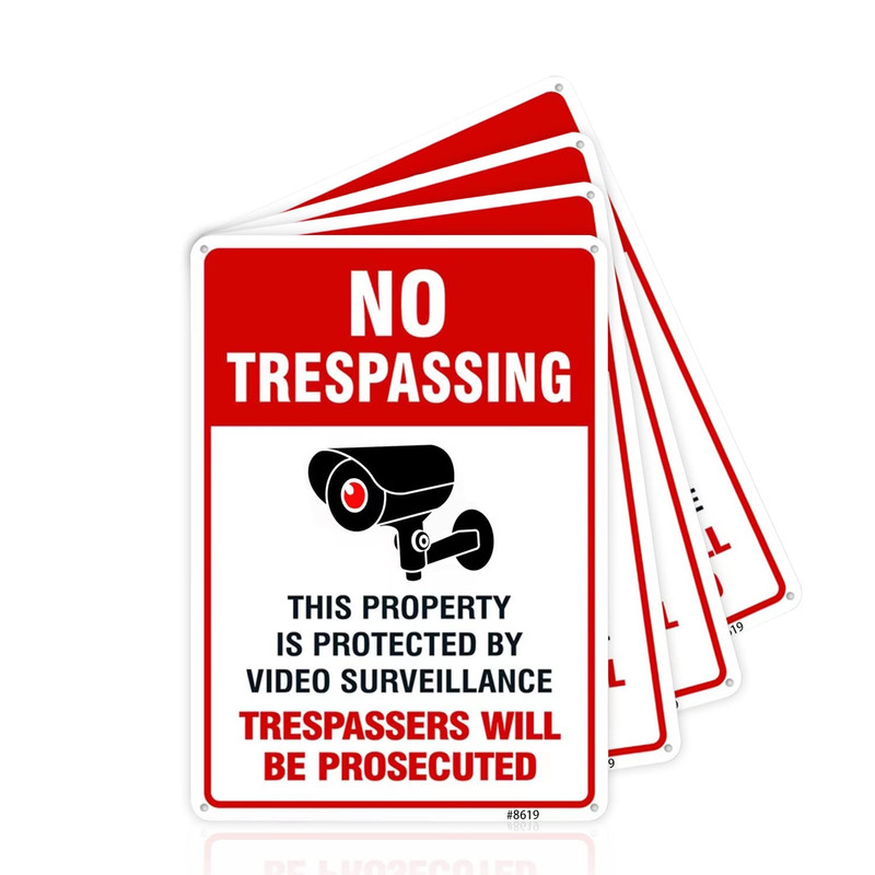 Video Surveillance & No Trespassing Sign Set – 4 Pack, Red & White Aluminum