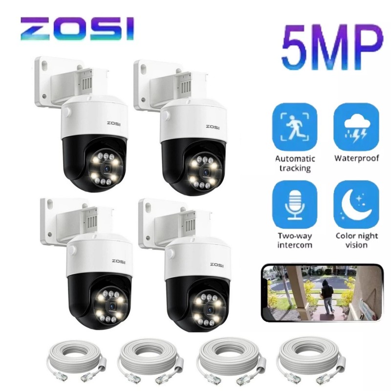 ZOSI 4Pack 5MP 3K PoE PTZ Camera Outdoor AI Vehicle Detection Color Night Vison