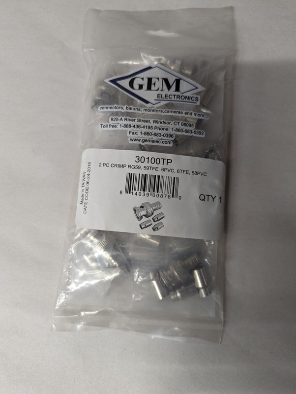 GEM Electronics 30100TP 2 PC Crimp RG59, 59TFE, 6PVC, 6TFE, 58PVC, NEW